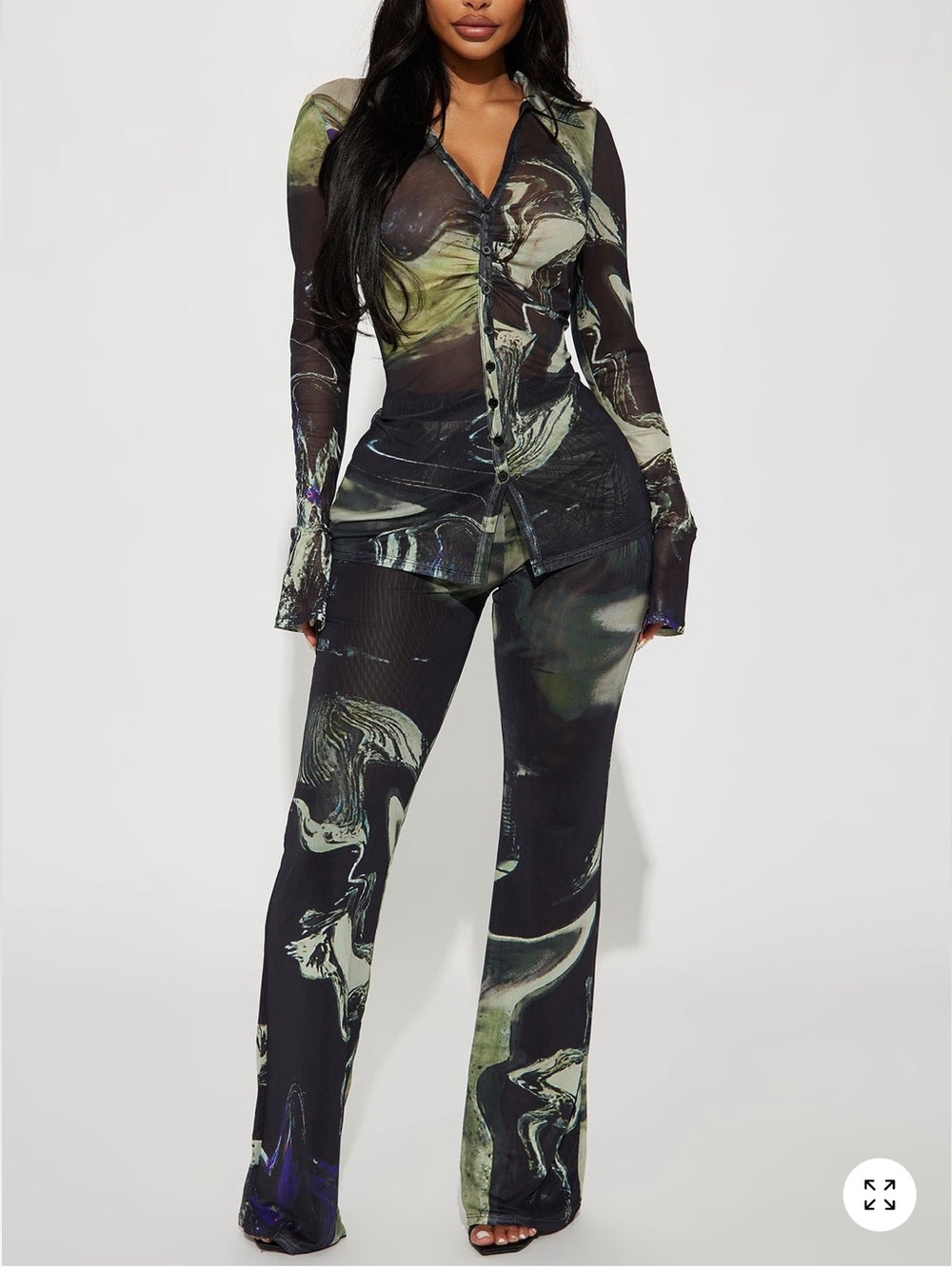 Fashion Nova Marble-Print Wide Leg Pants in Black & Olive
